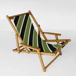 [ Thumbnail: Dark Khaki, Dark Olive Green, Light Yellow & Black Colored Stripes/Lines Pattern Sling Chair ]