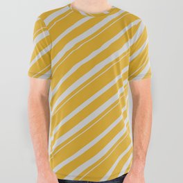 [ Thumbnail: Goldenrod & Light Grey Colored Striped Pattern All Over Graphic Tee ]