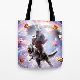 Laser Eyes Space Cat On Sloth Dinosaur - Rainbow Tote Bag