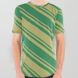 [ Thumbnail: Dark Khaki & Sea Green Colored Striped Pattern All Over Graphic Tee ]