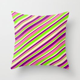 [ Thumbnail: Purple, Hot Pink, Green & Bisque Colored Lined Pattern Throw Pillow ]
