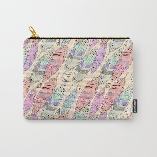 The feathers are multicolored on a beige background . Carry-All Pouch