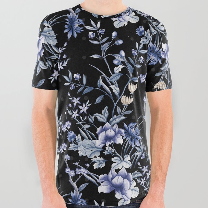 Chinoiserie Flowers and Dots Pattern Blue and Bisque All Over Graphic Tee