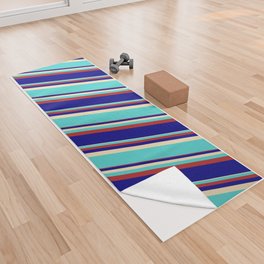[ Thumbnail: Tan, Turquoise, Red & Blue Colored Lined Pattern Yoga Towel ]