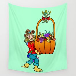 Scarecrow with Pumpkin Harvest Basket  Wall Tapestry