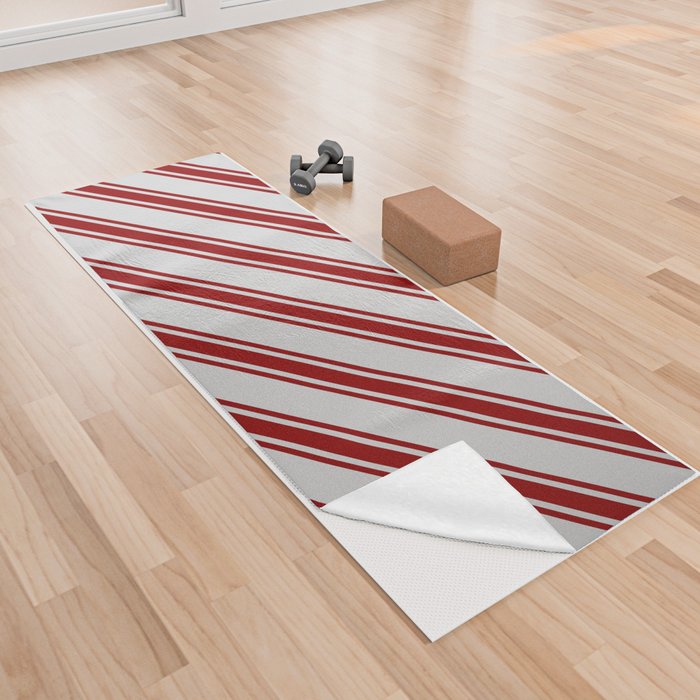 Light Grey and Dark Red Colored Striped Pattern Yoga Towel