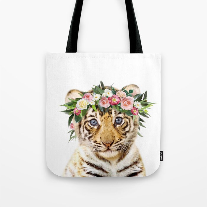 Baby Tiger with Flower Crown, Kids Art, Baby Animals Art Print by Synplus Tote Bag