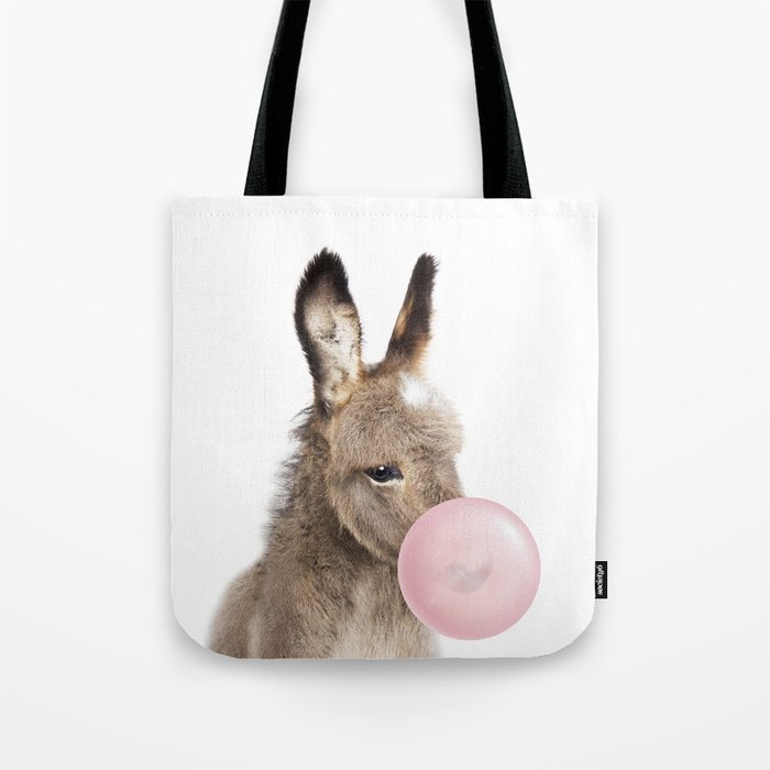 Baby Donkey Blowing Bubble Gum, Pink Nursery, Baby Animals Art Print by Synplus Tote Bag