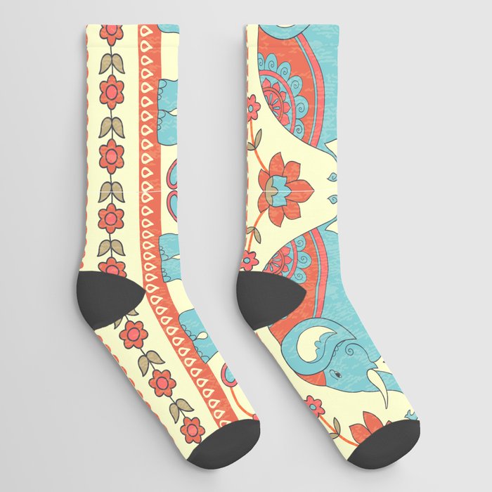 Elephants and flowers, striped seamless pattern in ethnic style  Socks