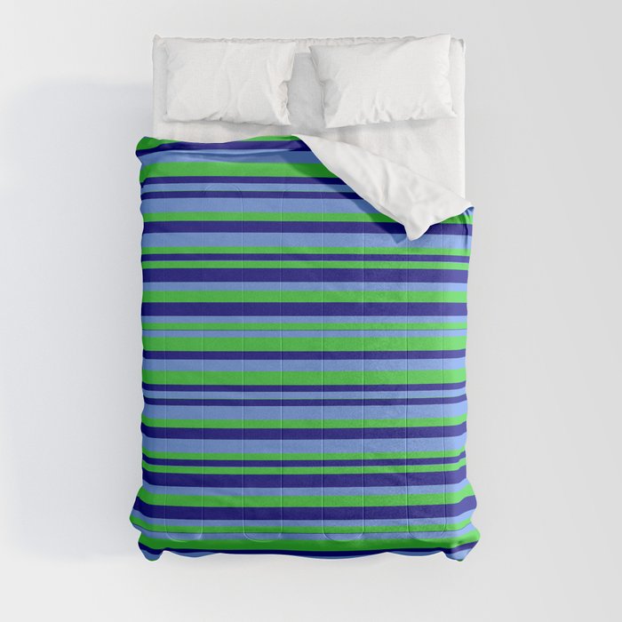 Cornflower Blue, Lime Green, and Blue Colored Striped/Lined Pattern Comforter