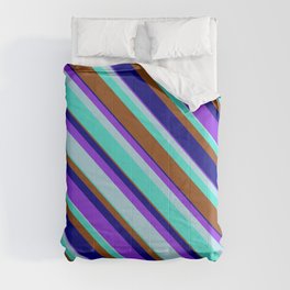 [ Thumbnail: Eyecatching Purple, Light Blue, Turquoise, Brown & Blue Colored Striped Pattern Comforter ]