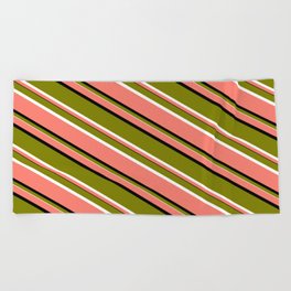 [ Thumbnail: Salmon, Black, Green, and White Colored Lines Pattern Beach Towel ]