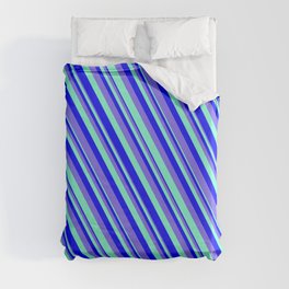 [ Thumbnail: Blue, Medium Slate Blue & Aquamarine Colored Pattern of Stripes Duvet Cover ]