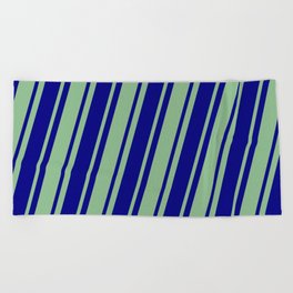 [ Thumbnail: Dark Sea Green & Blue Colored Striped/Lined Pattern Beach Towel ]