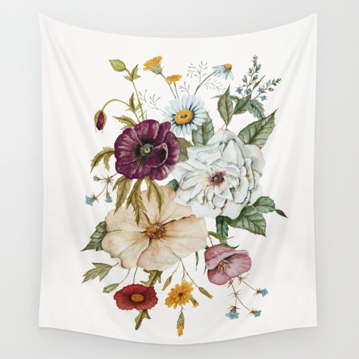 Colorful Wildflower Bouquet on White Wall Tapestry
