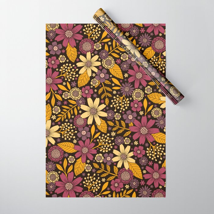 Purple, Yellow, Magenta & Gold Floral Pattern Wrapping Paper by Beth Norton