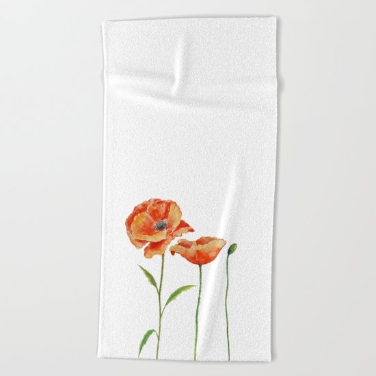 Simply poppy Vintage Watercolor illustration on white background on #Society6 Beach Towel