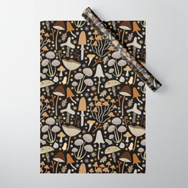 Forest Floor, Mushroom Art on Black Wrapping Paper