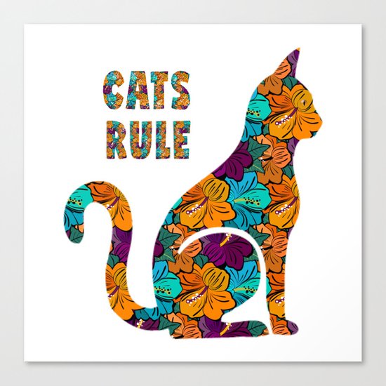 Cats Rule Silhouette With Hibiscus Flowers Canvas Print