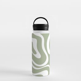 Modern Retro Liquid Swirl Abstract Pattern in Muted Sage Green and White Water Bottle