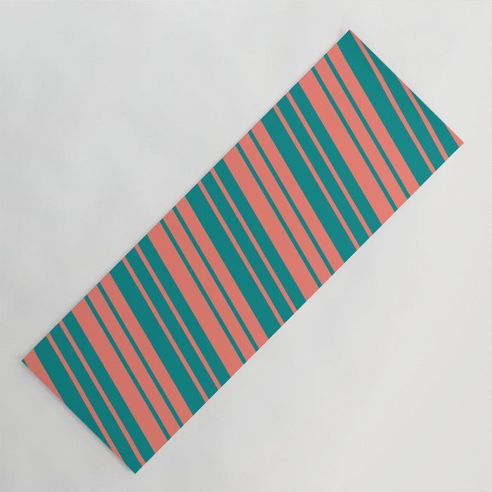 Salmon and Dark Cyan Colored Lined/Striped Pattern Yoga Mat
