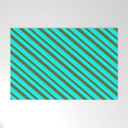 [ Thumbnail: Cyan and Dark Olive Green Colored Pattern of Stripes Welcome Mat ]
