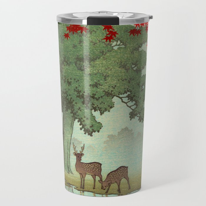 Vintage Japanese Woodblock Print Nara Park Deers Green Trees Red Japanese Maple Tree Travel Mug