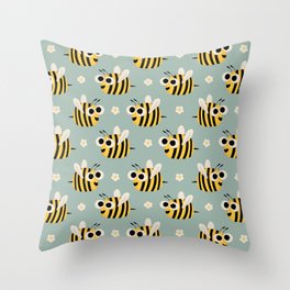 Cute Bees with sunshine and flowers Blue Throw Pillow