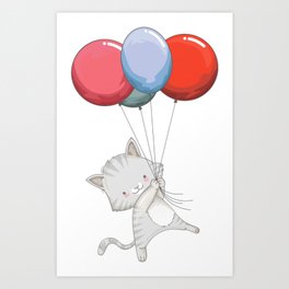 Cute kitten hanging on baloons Art Print