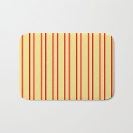 [ Thumbnail: Tan, Red, and Dark Salmon Colored Pattern of Stripes Bath Mat ]