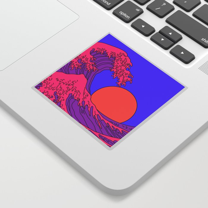 Great Wave in Vaporwave Pop Art style. View on ocean's crest leap toward the sky. Stylized line art illustration of 19th century Japanese print. Sticker