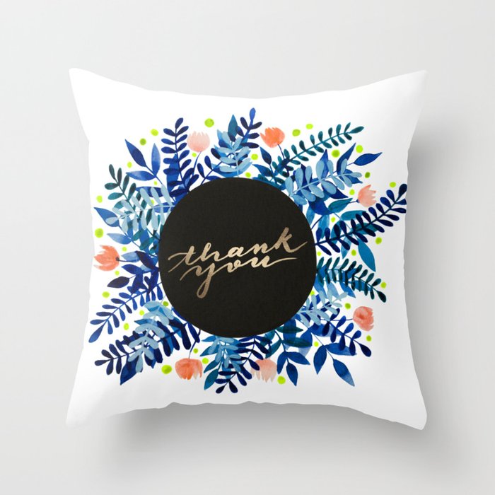 Thank you flowers and branches - blue and orange Throw Pillow
