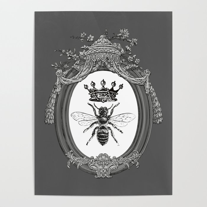 Queen Bee No. 3 | Vintage Bee with Crown | Black, White and Grey ...