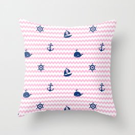 Nautical Navy Blue Pink Chevron Baby Girl Nursery Throw Pillow