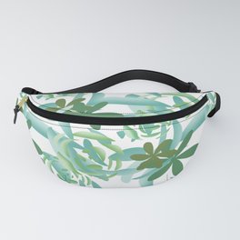 Entangled green rose pattern on white background Fanny Pack
