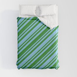 [ Thumbnail: Light Sky Blue and Forest Green Colored Lines/Stripes Pattern Duvet Cover ]
