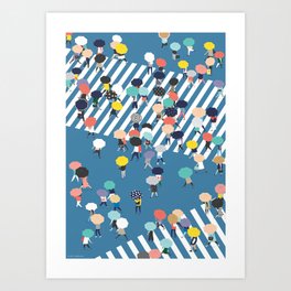 Crossing The Street On a Rainy Day - Blue Art Print