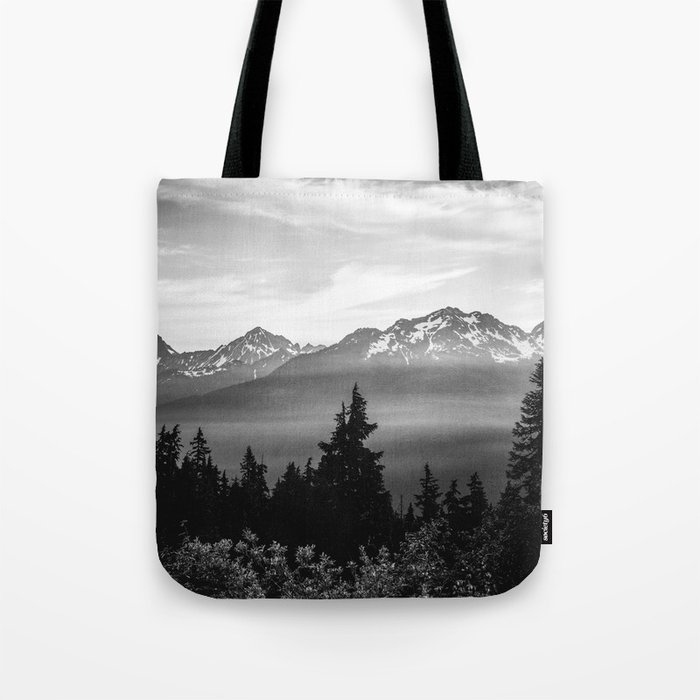Morning in the Mountains Black and White Tote Bag