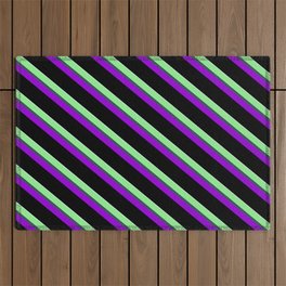 [ Thumbnail: Colorful Light Green, Dark Slate Gray, Dark Violet, Black, and Light Cyan Colored Stripes Pattern Outdoor Rug ]