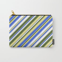 [ Thumbnail: Dark Olive Green, Tan, Royal Blue, and White Colored Stripes Pattern Carry-All Pouch ]