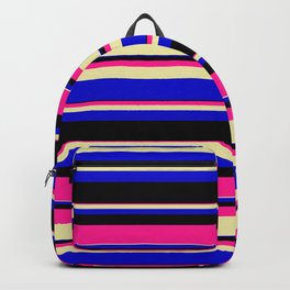 [ Thumbnail: Deep Pink, Pale Goldenrod, Blue, and Black Colored Striped/Lined Pattern Backpack ]