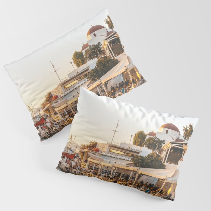 Sunset over Greek Tavern on the Seaside | Sunset Travel Photography on Mykonos, Greece | Summer Vibes Pillow Sham