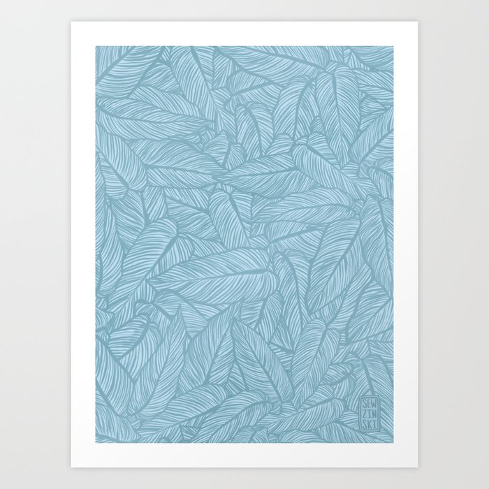 Striped Leaves in Blue Art Print