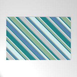 [ Thumbnail: Eye-catching Light Cyan, Light Grey, Dark Sea Green, Blue, and Teal Colored Striped Pattern Welcome Mat ]