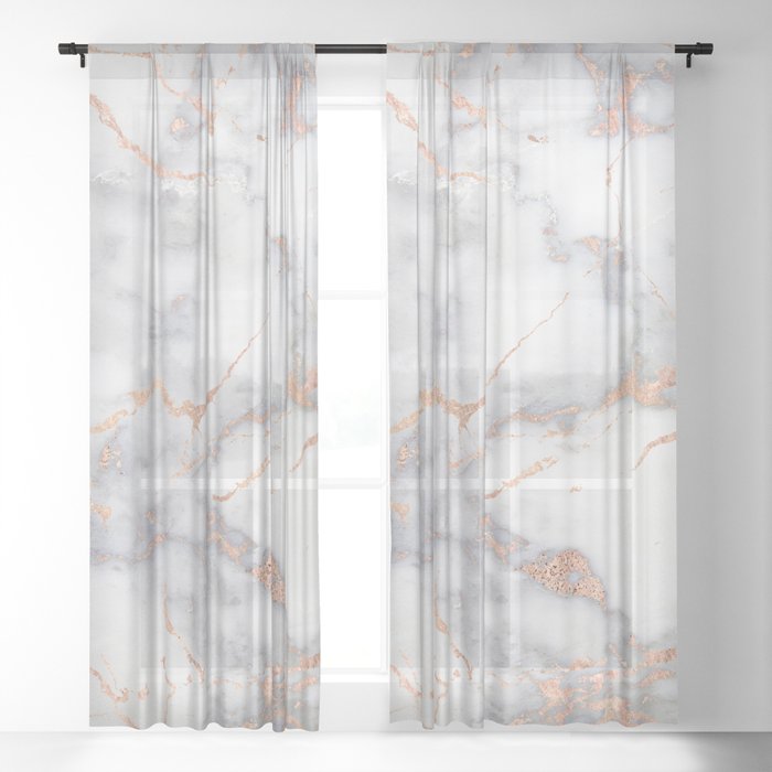 Gray Marble Rosegold Glitter Pink Metallic Foil Style Sheer Curtain