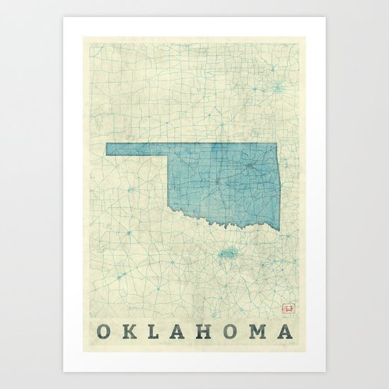 Oklahoma State Map Blue Vintage Art Print