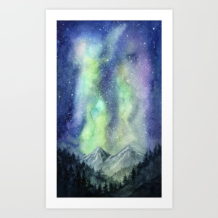 Northern Lights Magic Mountains Art Print