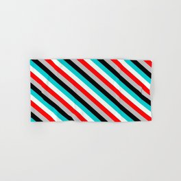 [ Thumbnail: Eye-catching Dark Turquoise, Mint Cream, Red, Grey, and Black Colored Lines/Stripes Pattern Hand & Bath Towel ]
