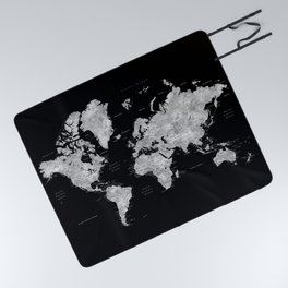 Black and grey watercolor world map with cities Picnic Blanket