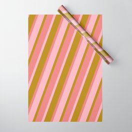 [ Thumbnail: Light Pink, Dark Goldenrod, and Light Coral Colored Stripes Pattern Wrapping Paper ]